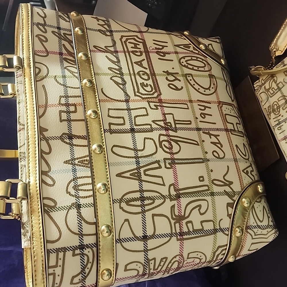 Coach Heritage Tattersall Graffiti 2 Fer  Golden Tote Bag & Matching Wristlet - Picture 9 of 16